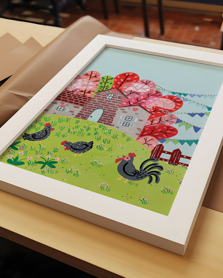 Whimsical Framed Wall Art of a countryside scene featuring a brick house surrounded by colourful trees with chickens grazing on a green hill, created by Little Berries Studio.