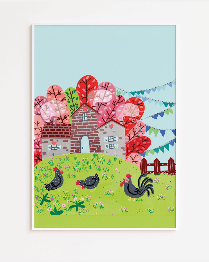 White Framed Artwork of a countryside scene featuring a brick house surrounded by colourful trees with chickens grazing on a green hill, created by Little Berries Studio.