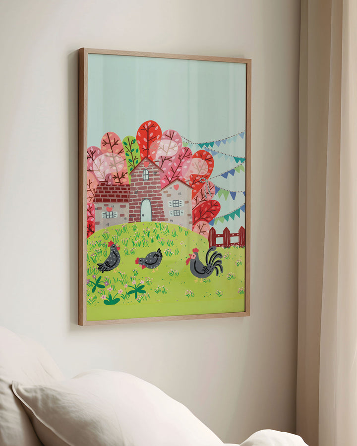 Framed Wall Art of a countryside scene featuring a brick house surrounded by colourful trees with chickens grazing on a green hill, created by Little Berries Studio.