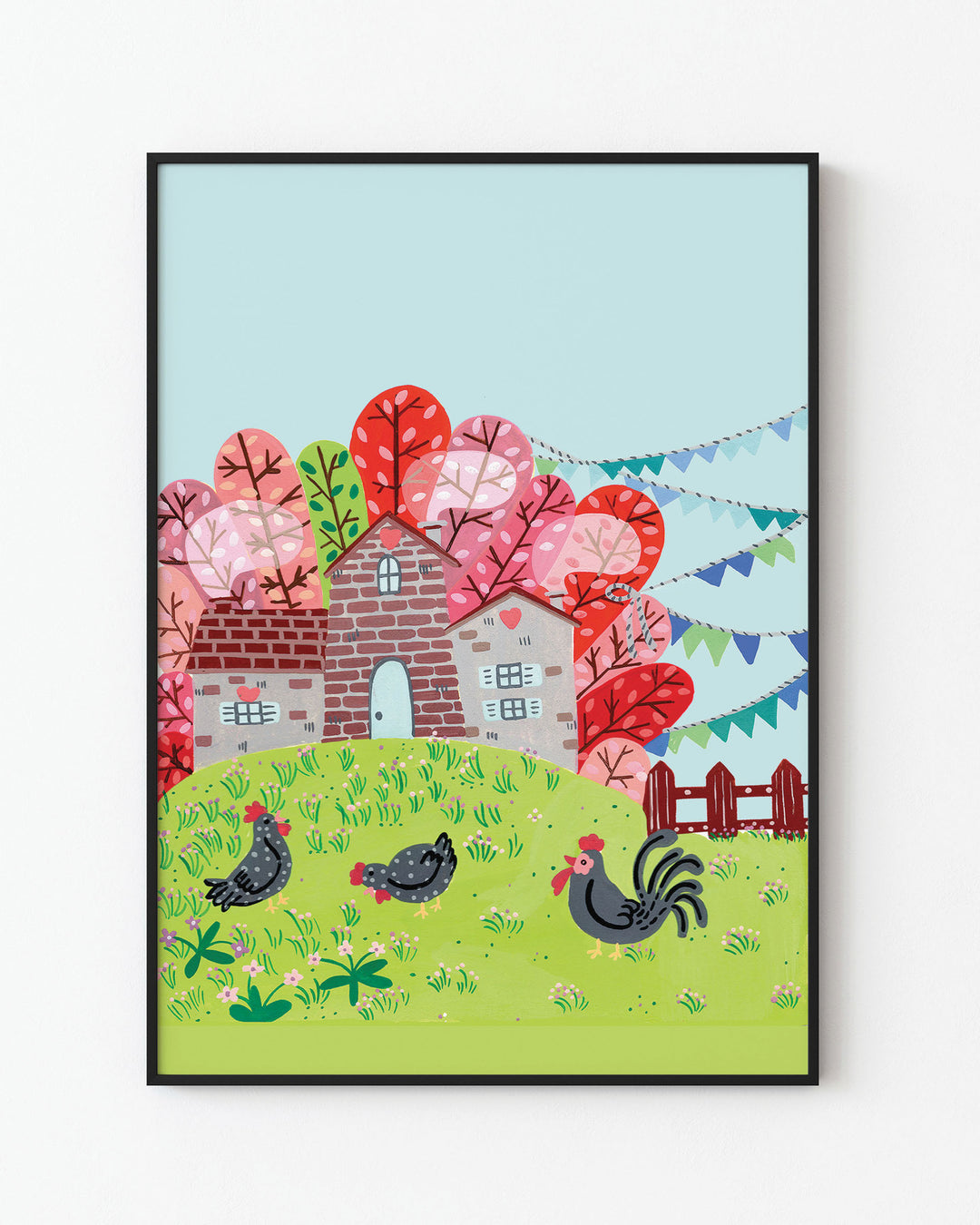 Black Framed Artwork of a countryside scene featuring a brick house surrounded by colourful trees with chickens grazing on a green hill, created by Little Berries Studio.