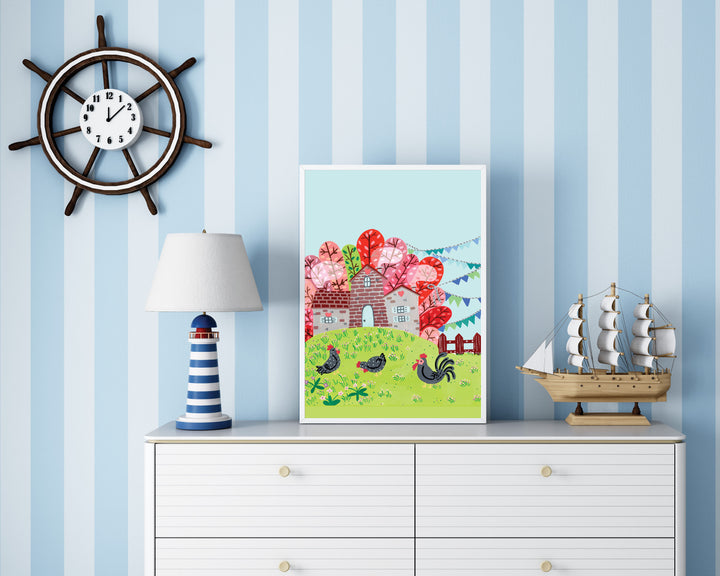 Framed 'Smokehouse Festive Nest' Art Print by Little Berries Studio displayed on a white dresser in a nautical-themed room, featuring a blue and white striped lighthouse lamp, a ship model, and a ship wheel clock on a striped wall.