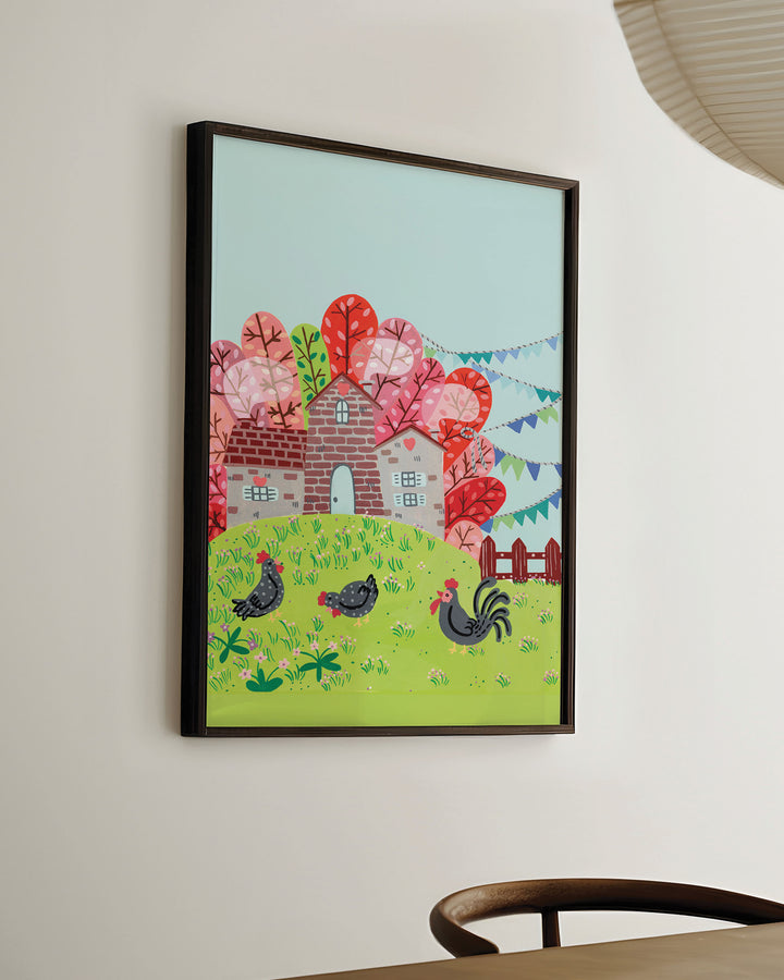 Ready-to-Hang Framed Wall Art of a countryside scene featuring a brick house surrounded by colourful trees with chickens grazing on a green hill, created by Little Berries Studio.