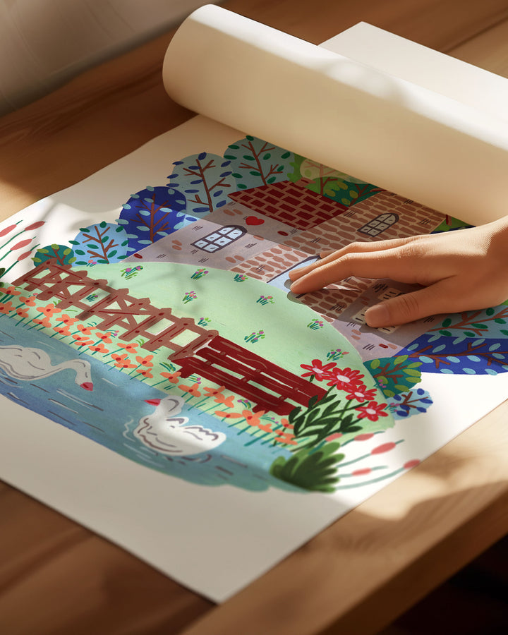Archival Art Print of 'Smokehouse Lakeside Serenity' a cozy stone house by a serene lake with two swans, surrounded by colourful trees and flowers.