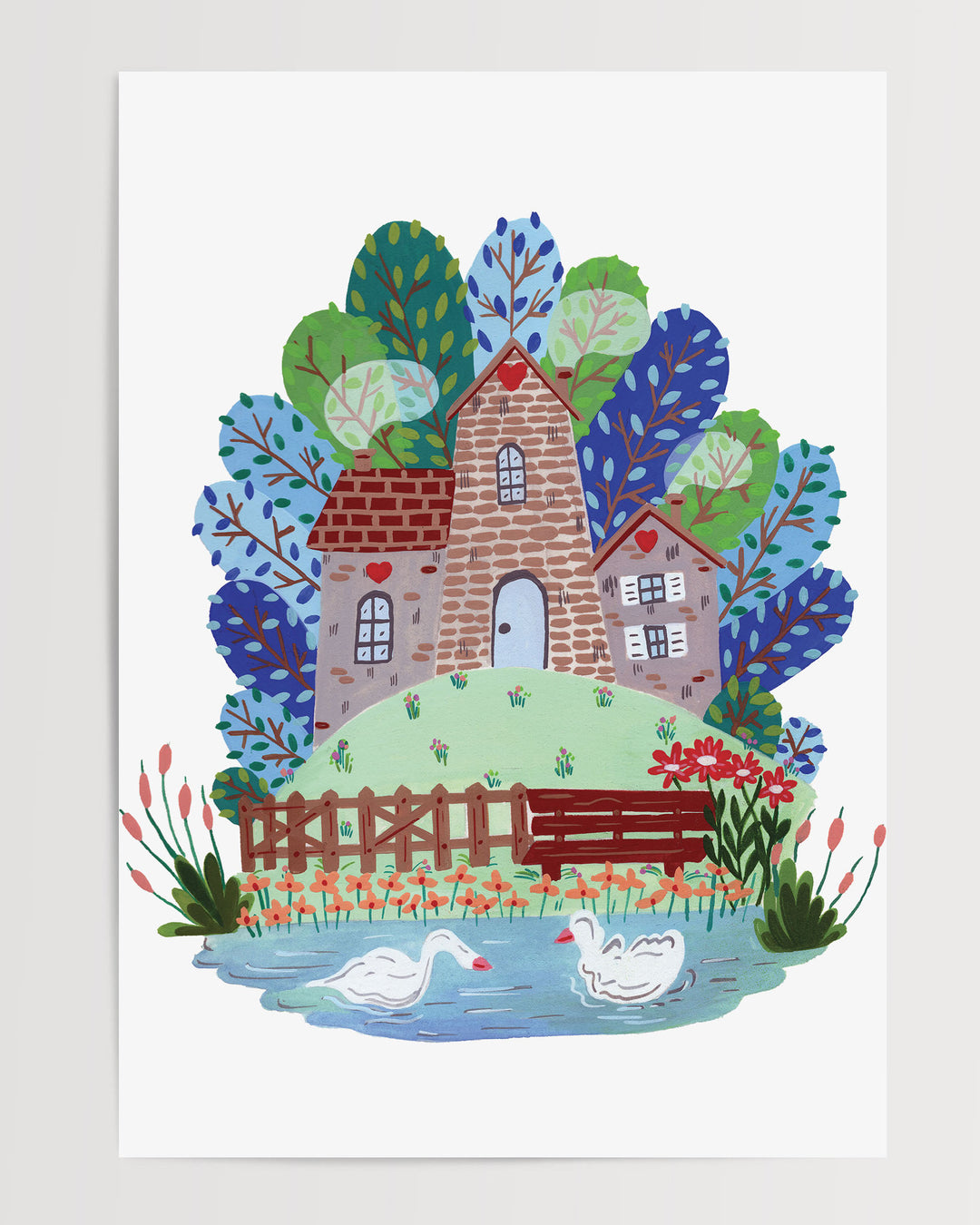 Illustration of a cozy stone house by a serene lake with two swans, surrounded by colourful trees and flowers, ideal for children's room decor.