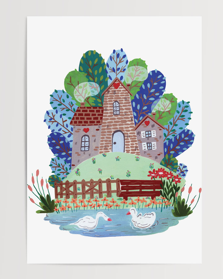 Illustration of a cozy stone house by a serene lake with two swans, surrounded by colourful trees and flowers, ideal for children's room decor.