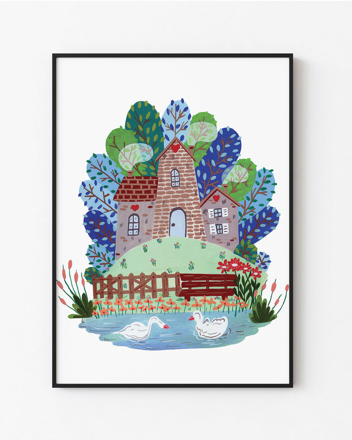 Black Framed Artwork of 'Smokehouse Lakeside Serenity' a cozy stone house by a serene lake with two swans, surrounded by colourful trees and flowers, ideal for children's room decor.