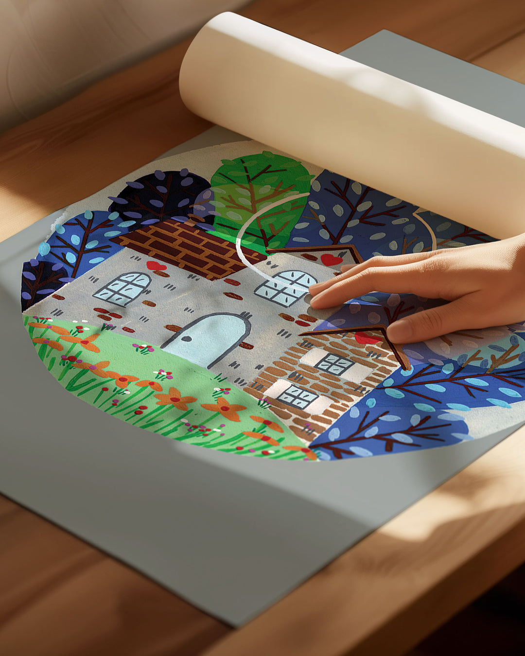 Archival Art Print of a cozy countryside home surrounded by vibrant blue and green trees under a moonlit sky hanged in beautifully decorated kids room, created by Little Berries Studio.