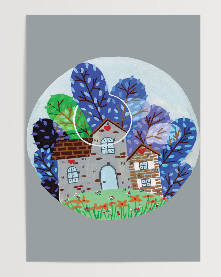 Whimsical illustration of a cozy countryside home surrounded by vibrant blue and green trees under a moonlit sky, created by Little Berries Studio.