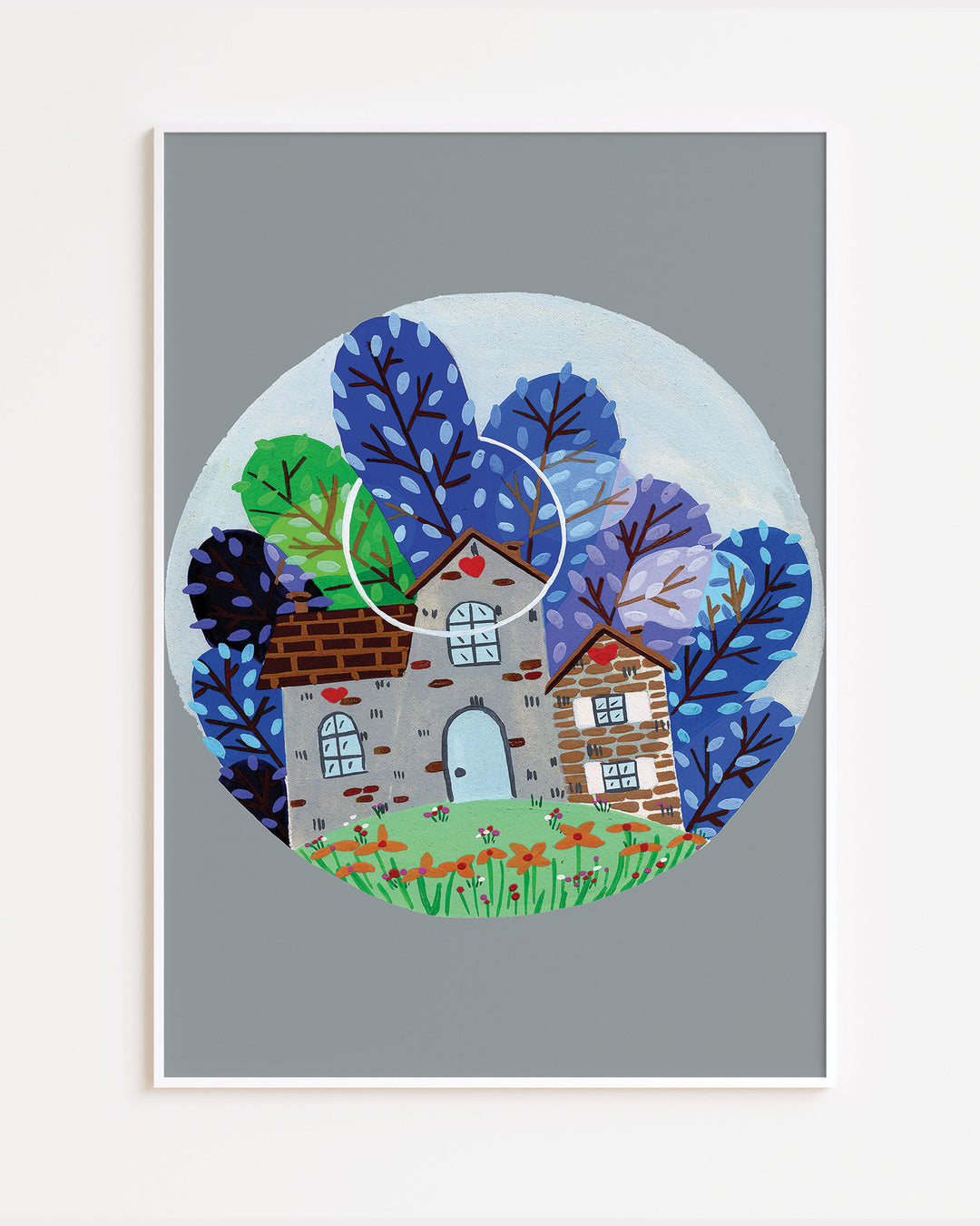 White Framed Wall Art of a cozy countryside home surrounded by vibrant blue and green trees under a moonlit sky, created by Little Berries Studio.