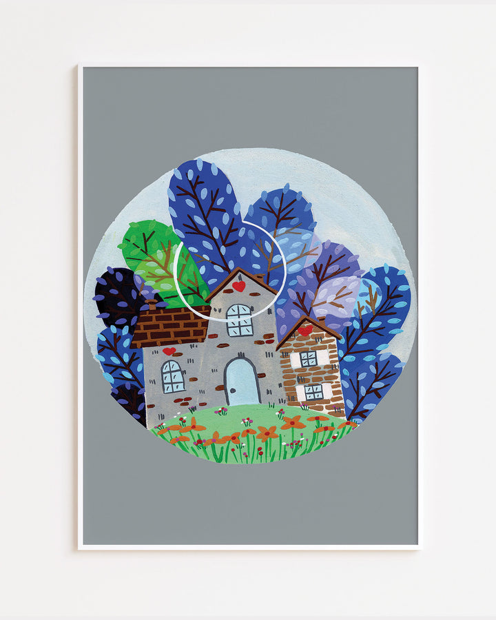 White Framed Wall Art of a cozy countryside home surrounded by vibrant blue and green trees under a moonlit sky, created by Little Berries Studio.