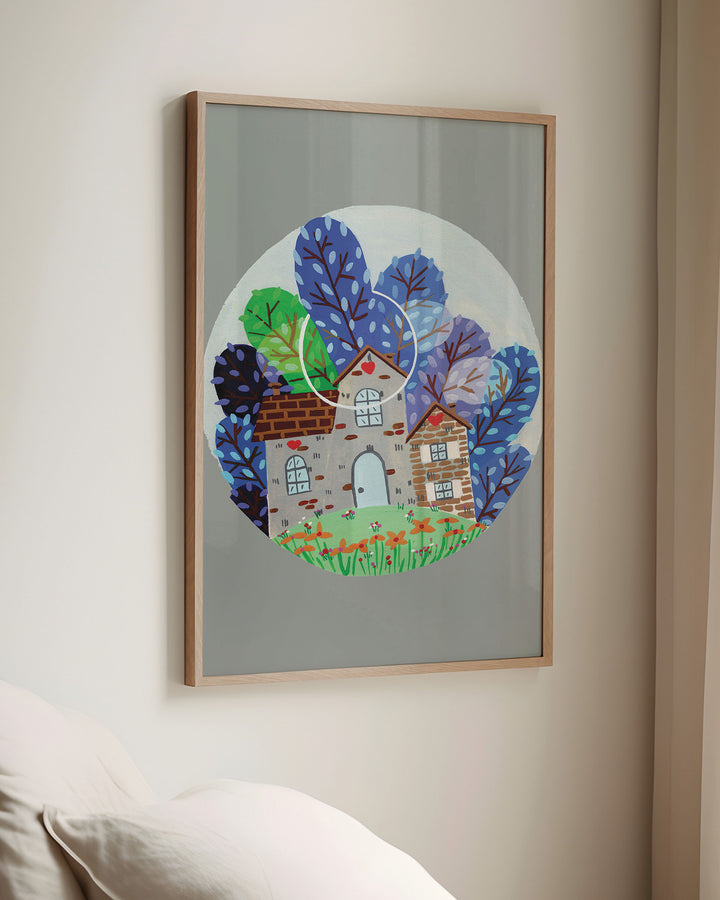 Framed Wall Art of a cozy countryside home surrounded by vibrant blue and green trees under a moonlit sky, created by Little Berries Studio.