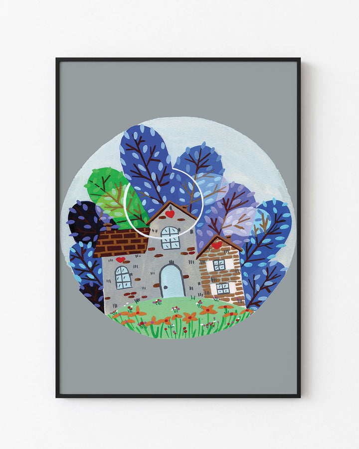 Black Framed Wall Art of a cozy countryside home surrounded by vibrant blue and green trees under a moonlit sky, created by Little Berries Studio.