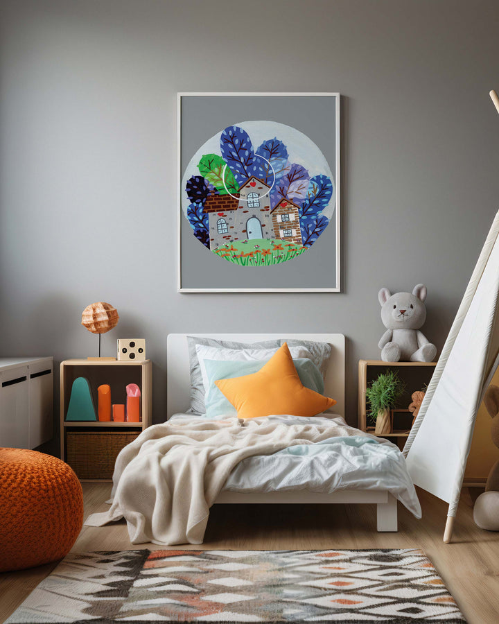 Framed Wall Art of a cozy countryside home surrounded by vibrant blue and green trees under a moonlit sky hanged in beautifully decorated kids room, created by Little Berries Studio.