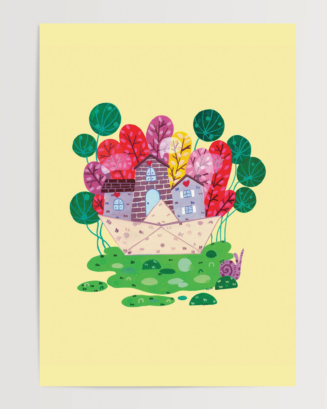 Charming illustration of a cozy stone house nestled in a vibrant meadow, surrounded by colourful trees on a bright yellow background, ideal for decorating children's rooms.