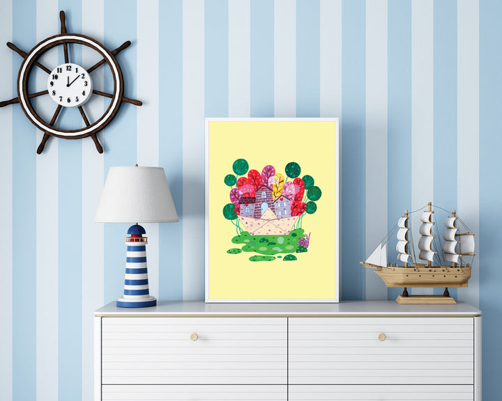 Framed 'Smokehouse Sunny Meadow' Art Print by Little Berries Studio displayed on a white dresser in a nautical-themed room, featuring a blue and white striped lighthouse lamp, a ship model, and a ship wheel clock on a striped wall.