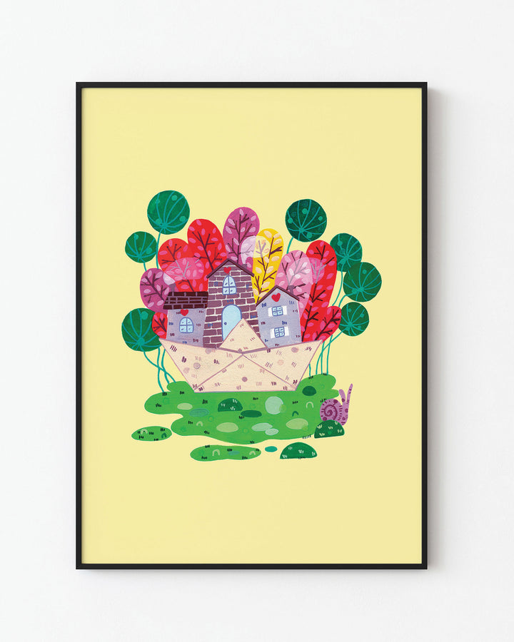 Black Framed Wall Art of a cozy stone house nestled in a vibrant meadow, surrounded by colourful trees on a bright yellow background, ideal for decorating children's rooms.
