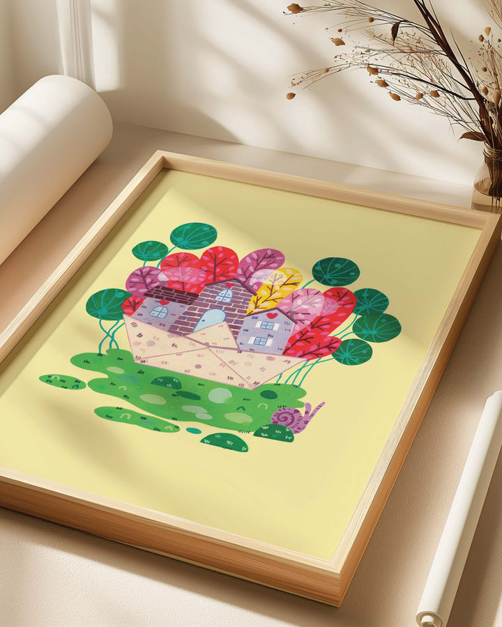 Framed Wall Art of a cozy stone house nestled in a vibrant meadow, surrounded by colourful trees on a bright yellow background, ideal for decorating children's rooms.