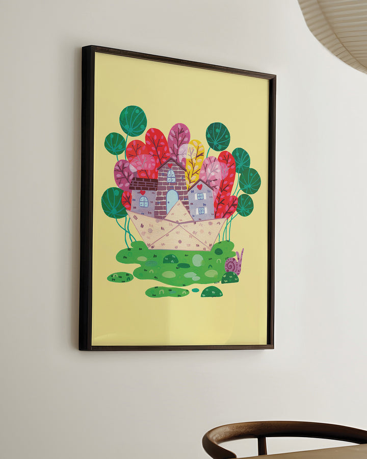 Ready-to-Hang Framed Wall Art of a cozy stone house nestled in a vibrant meadow, surrounded by colourful trees on a bright yellow background, ideal for decorating children's rooms.

