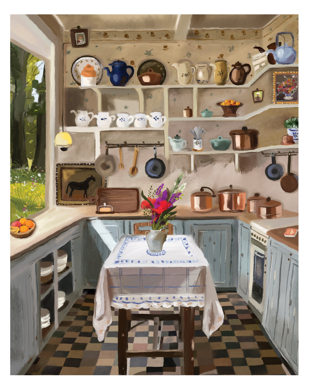 Cozy kitchen with shelves filled with pots, pans, and decorative items.