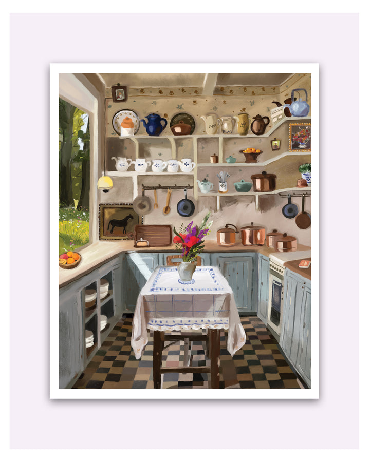 Art Print of Decorative kitchen scene with shelves, table, and decor items.