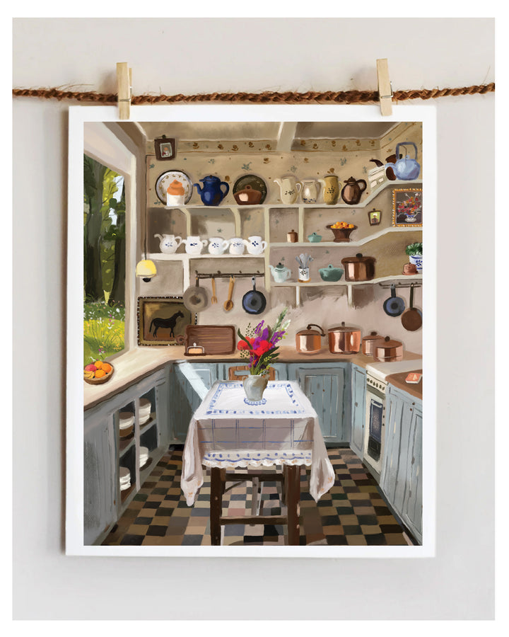 Art Print of Decorative kitchen scene with shelves, table, and decor items on a white background
