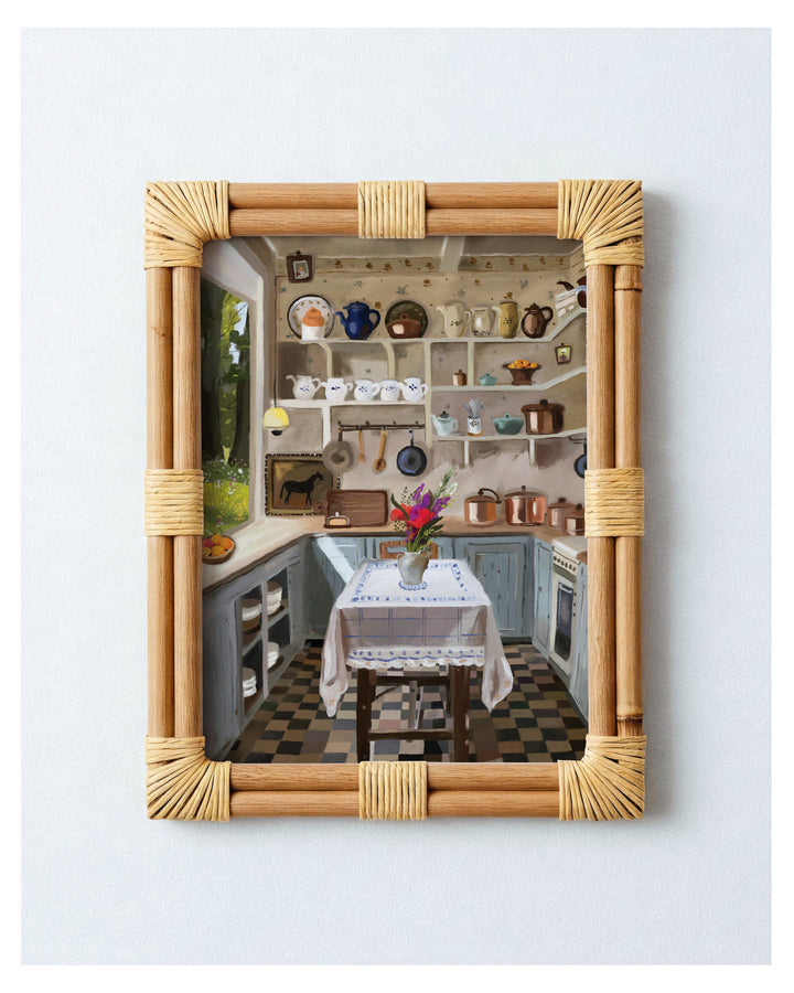 Decorative rattan frame having a Print of a kitchen interior.