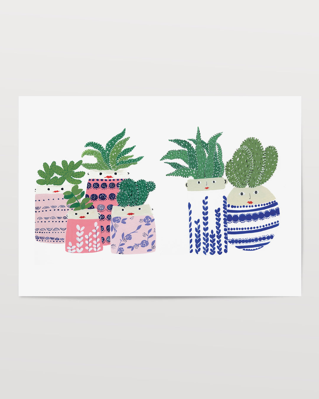 The Archival Print showcases a collection of succulents in vibrantly patterned pots, created by Little Berries Studio.