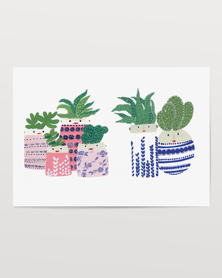 The Archival Print showcases a collection of succulents in vibrantly patterned pots, created by Little Berries Studio.