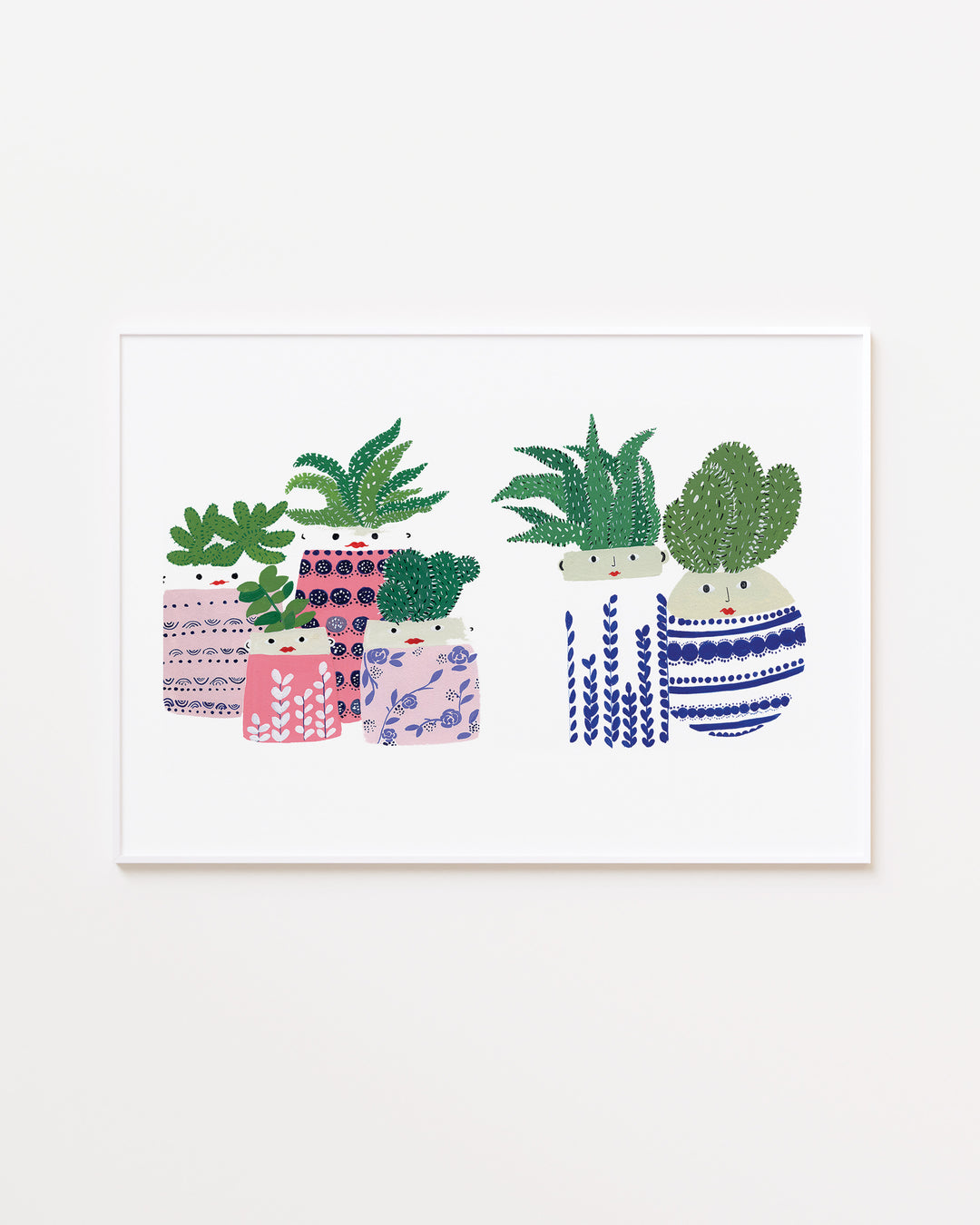 White Framed Archival Print showcases a collection of succulents in vibrantly patterned pots, created by Little Berries Studio.