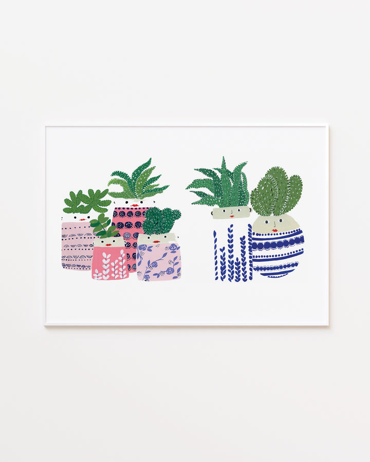 White Framed Archival Print showcases a collection of succulents in vibrantly patterned pots, created by Little Berries Studio.