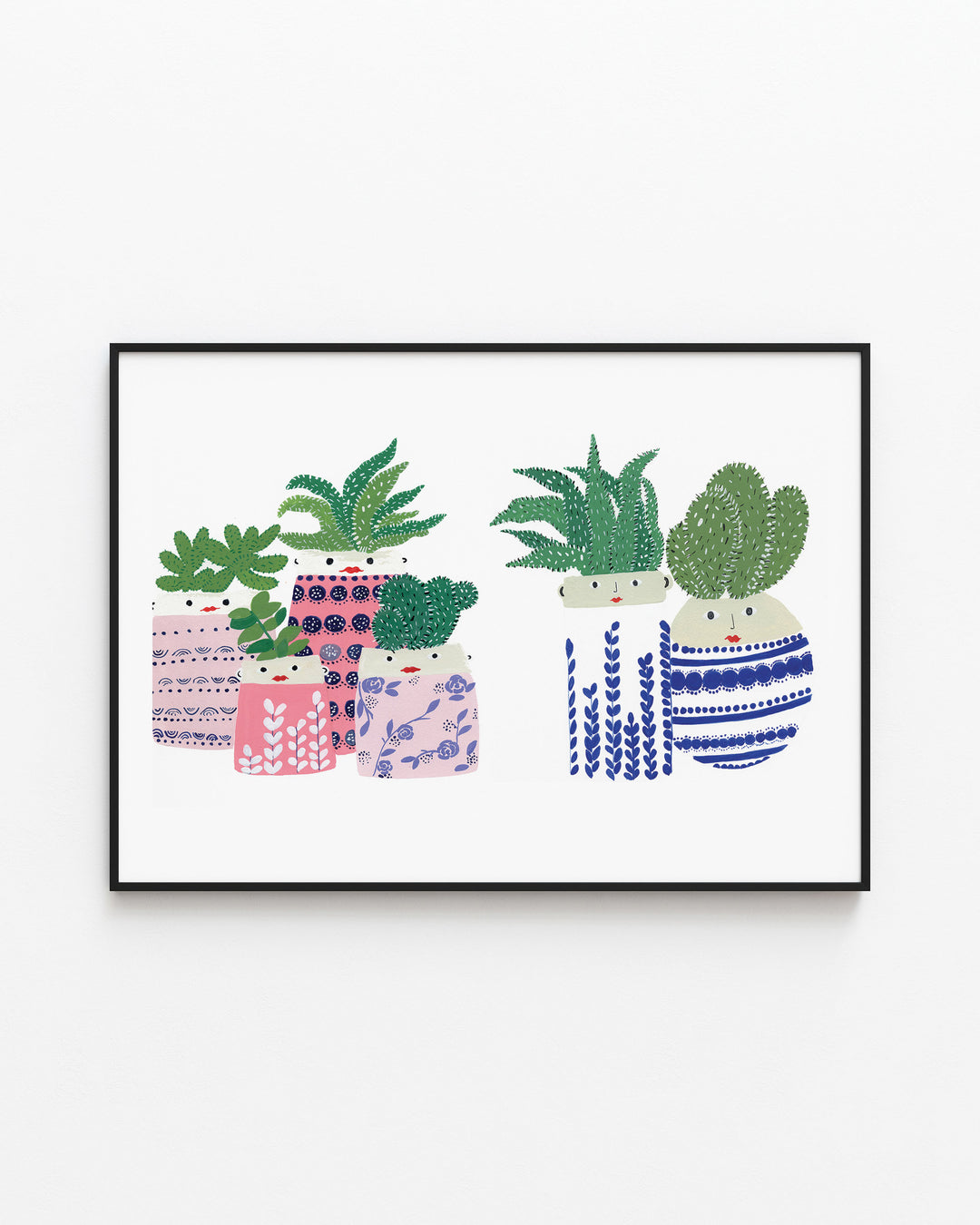 Black Framed Archival Print showcases a collection of succulents in vibrantly patterned pots, created by Little Berries Studio.