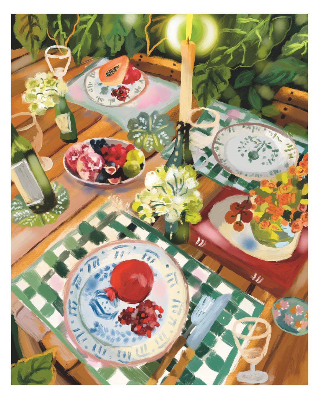 A colorful still life painting of a dining table set with plates, flowers, bottles, and fruit, rendered in a painterly, impressionistic style.