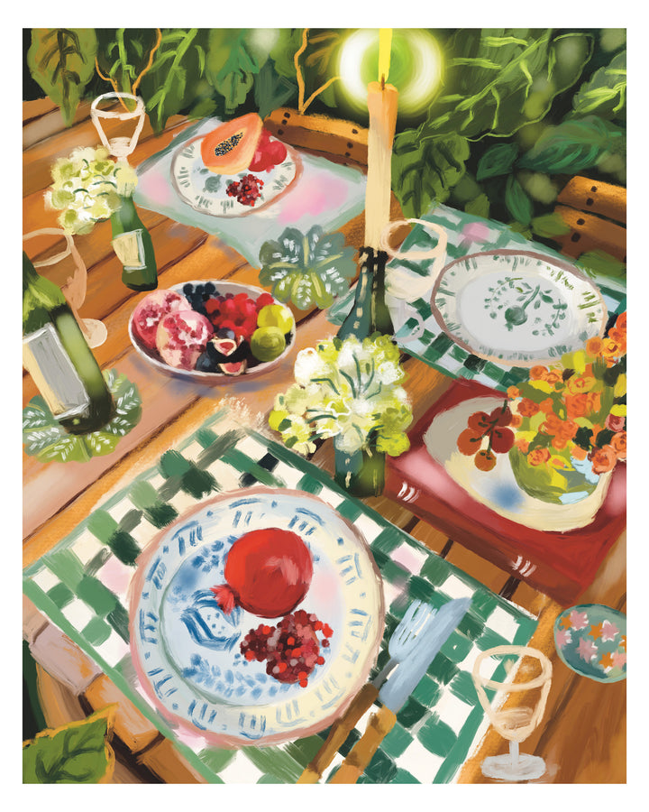 A colorful still life painting of a dining table set with plates, flowers, bottles, and fruit, rendered in a painterly, impressionistic style.