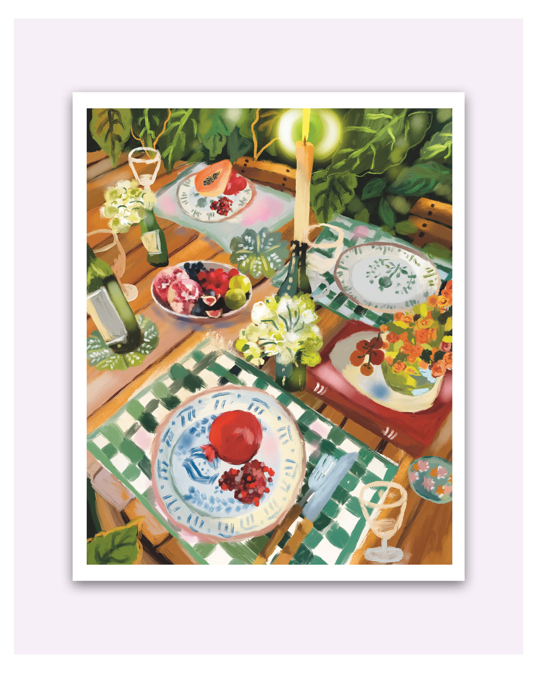 An Art Print depicting a lush, colorful outdoor dining table scene with plates, flowers, candles, and green foliage, presented on a light lavender background.