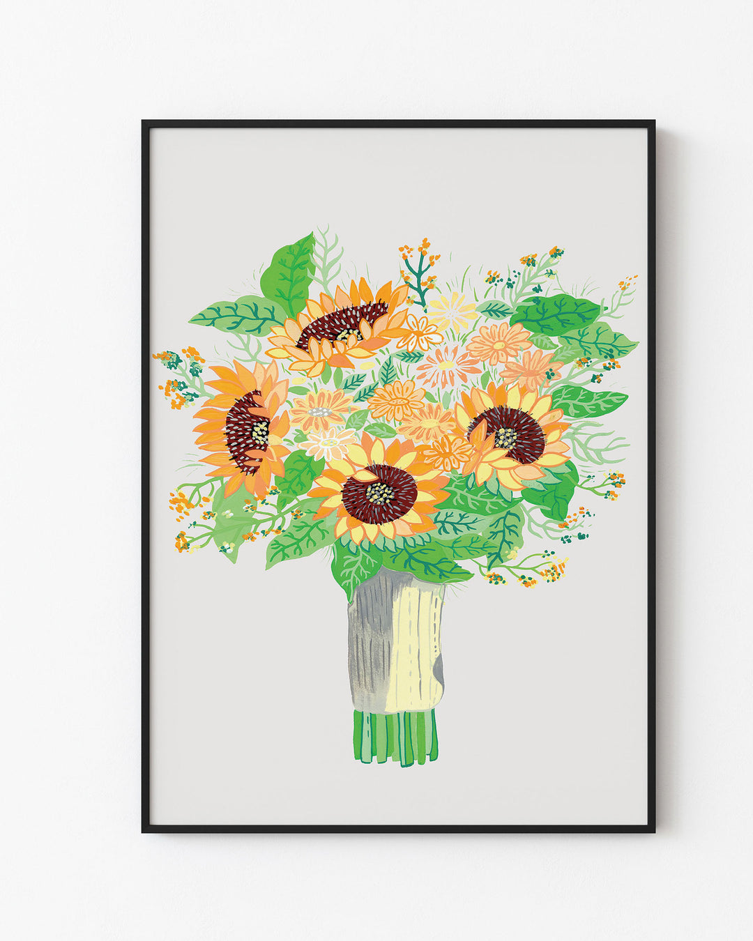 Black framed Art Print by Little Berries Studio featuring a colourful bouquet of sunflowers and various flowers with green leaves, displayed against a light background.