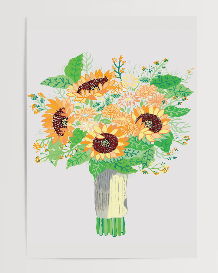 Art Print by Little Berries Studio featuring a colourful bouquet of sunflowers and various flowers with green leaves, displayed against a light background.
