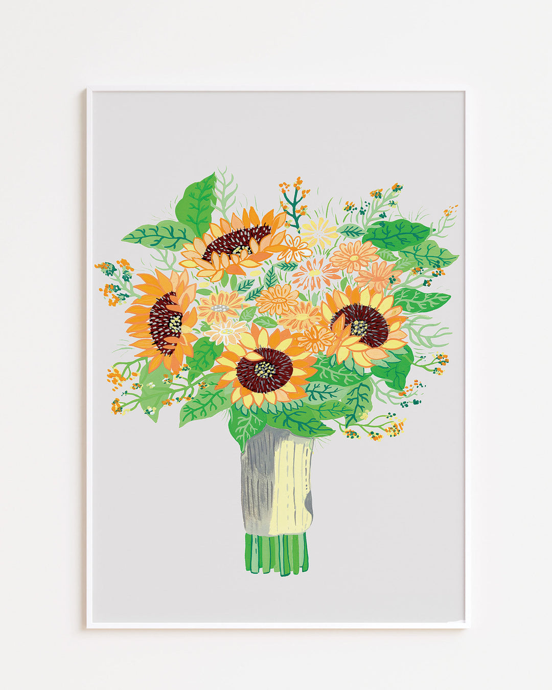 White framed Art Print by Little Berries Studio featuring a colourful bouquet of sunflowers and various flowers with green leaves, displayed against a light background.