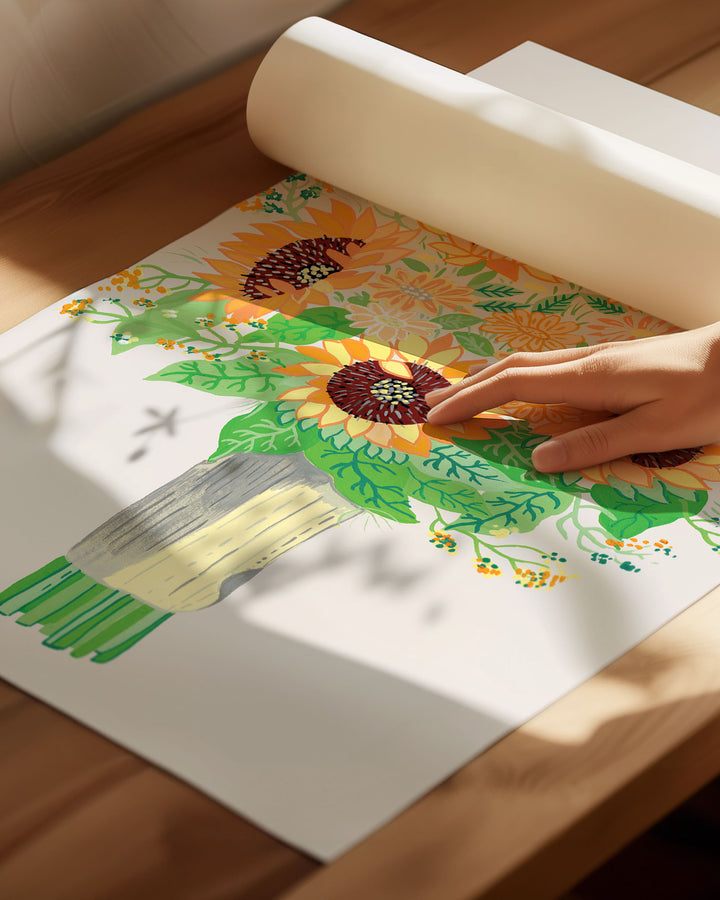 Archival Art Print by Little Berries Studio featuring a colourful bouquet of sunflowers and various flowers with green leaves, displayed against a light background.