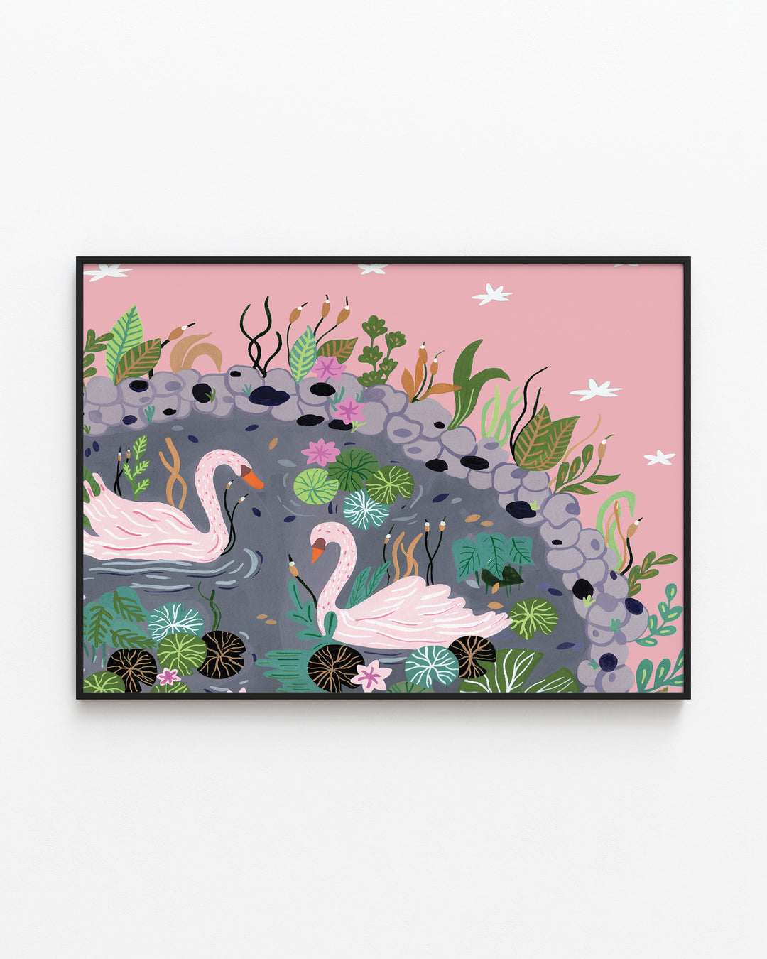 Black framed Artwork featuring two pink swans swimming in a peaceful pond surrounded by lush green plants, lily pads, and delicate pink flowers, designed by Little Berries Studio.
