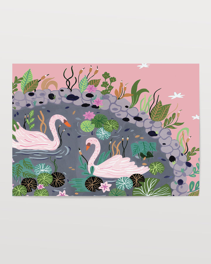 A tranquil Art Print featuring two pink swans swimming in a peaceful pond surrounded by lush green plants, lily pads, and delicate pink flowers, designed by Little Berries Studio.