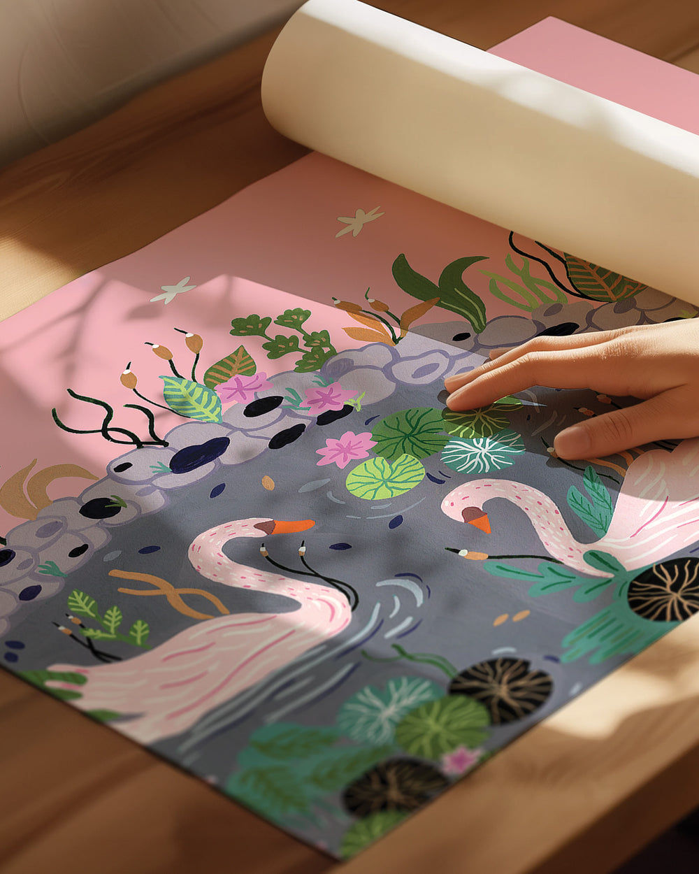 An Archival Art Print featuring two pink swans swimming in a peaceful pond surrounded by lush green plants, lily pads, and delicate pink flowers, designed by Little Berries Studio.
