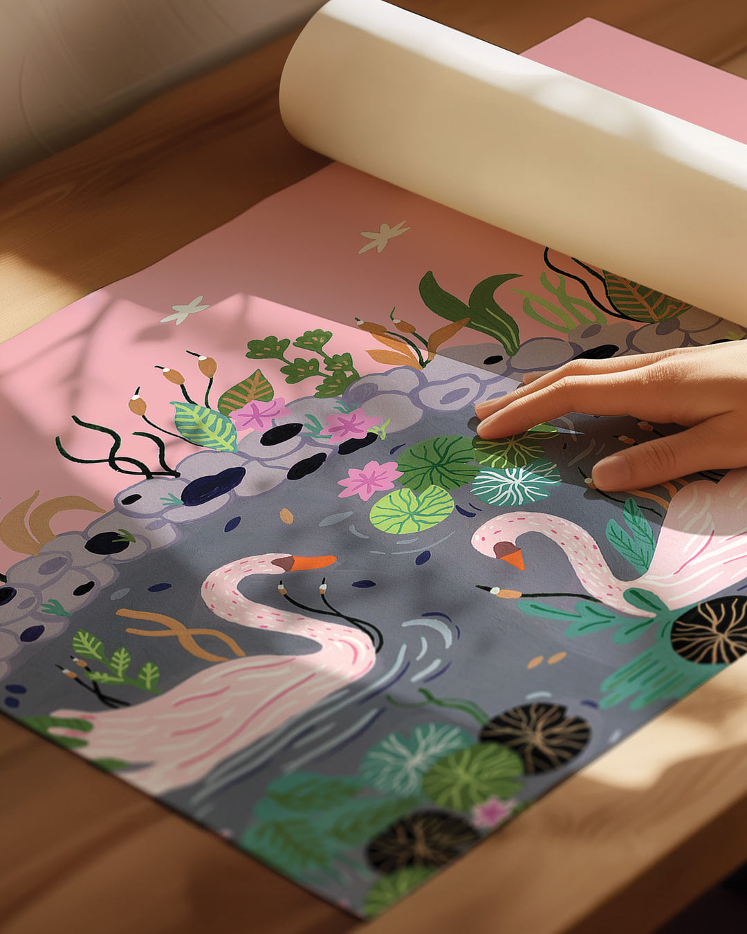 An Archival Art Print featuring two pink swans swimming in a peaceful pond surrounded by lush green plants, lily pads, and delicate pink flowers, designed by Little Berries Studio.