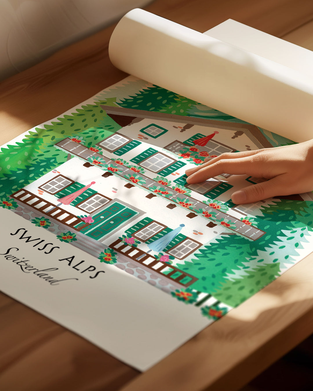 Charming Archival Art Print of a Swiss alpine chalet surrounded by lush pine trees and mountains, titled 'Swiss Alps, Switzerland,' by Little Berries Studio.