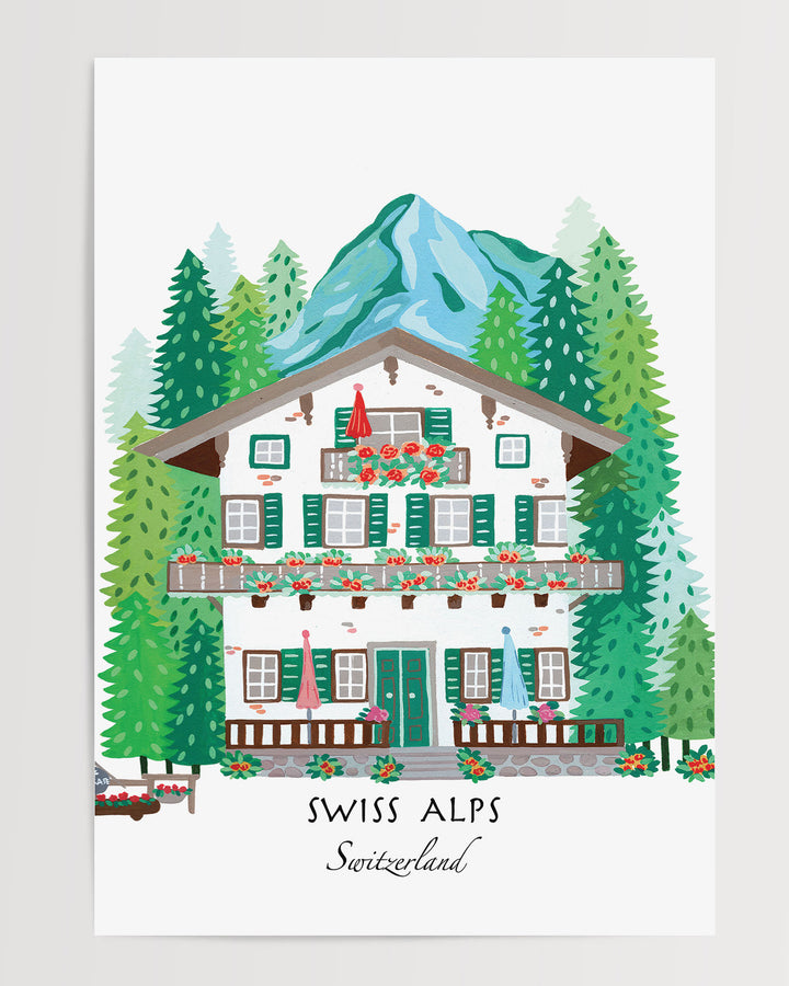Charming Illustration of a Swiss alpine chalet surrounded by lush pine trees and mountains, titled 'Swiss Alps, Switzerland,' by Little Berries Studio.
