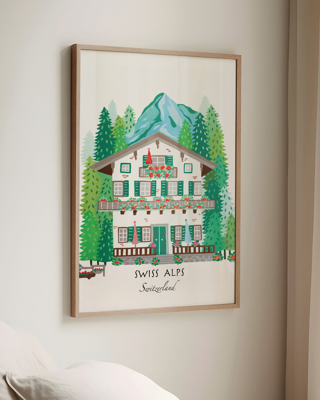 Framed Wall Art of a Swiss alpine chalet surrounded by lush pine trees and mountains, titled 'Swiss Alps, Switzerland,' by Little Berries Studio.