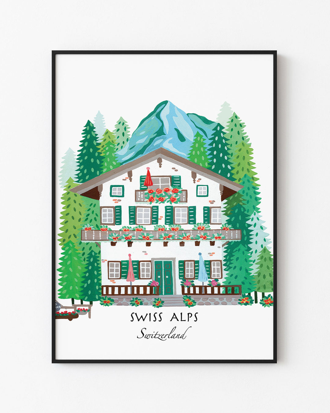 Black Framed Artwork of a Swiss alpine chalet surrounded by lush pine trees and mountains, titled 'Swiss Alps, Switzerland,' by Little Berries Studio.