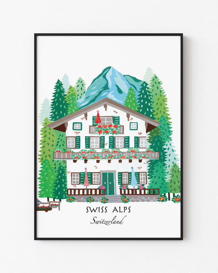 Black Framed Artwork of a Swiss alpine chalet surrounded by lush pine trees and mountains, titled 'Swiss Alps, Switzerland,' by Little Berries Studio.