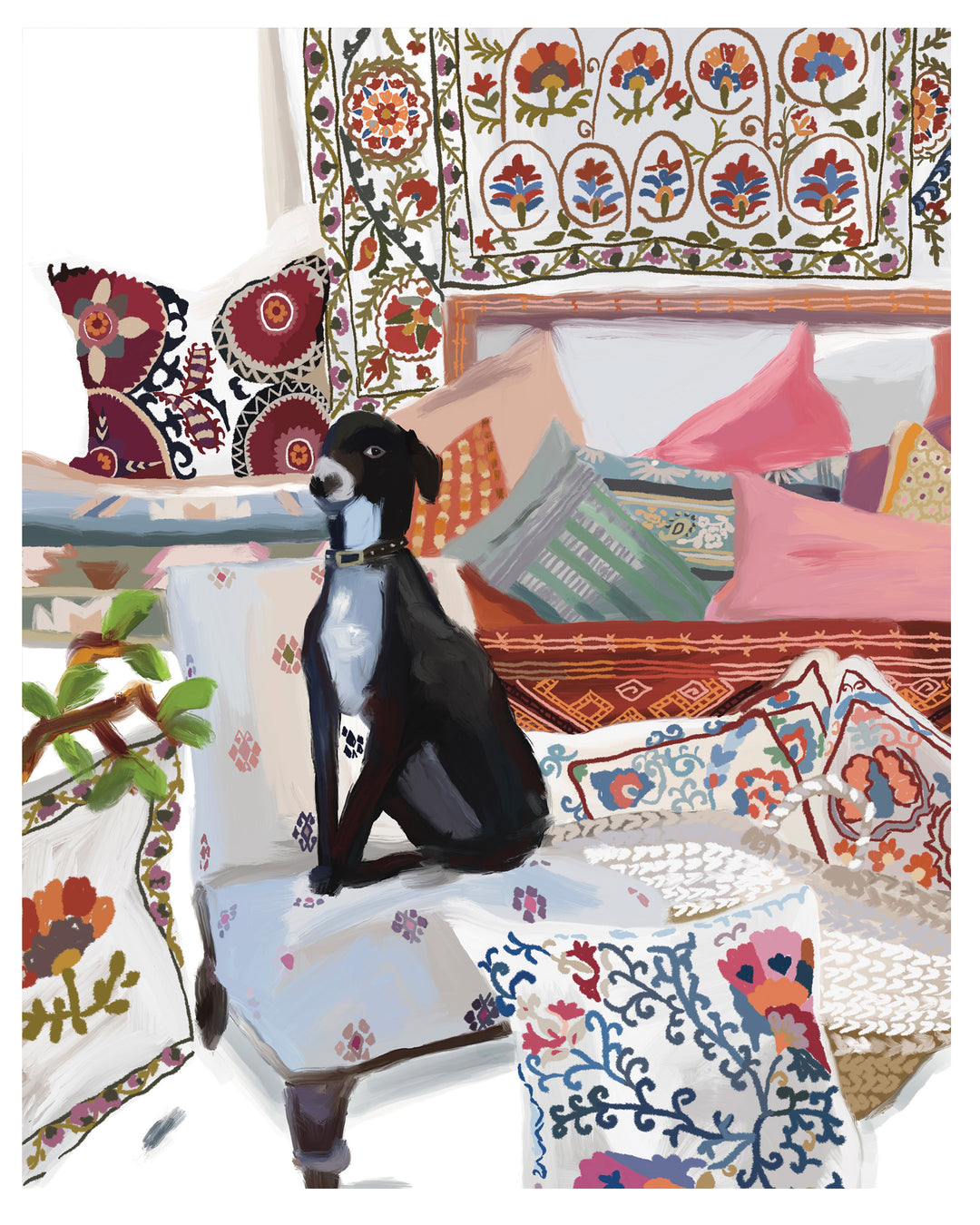 A colorful painting of a black and white dog sitting on a patterned armchair in a cozy room filled with floral and bohemian pillows and textiles.