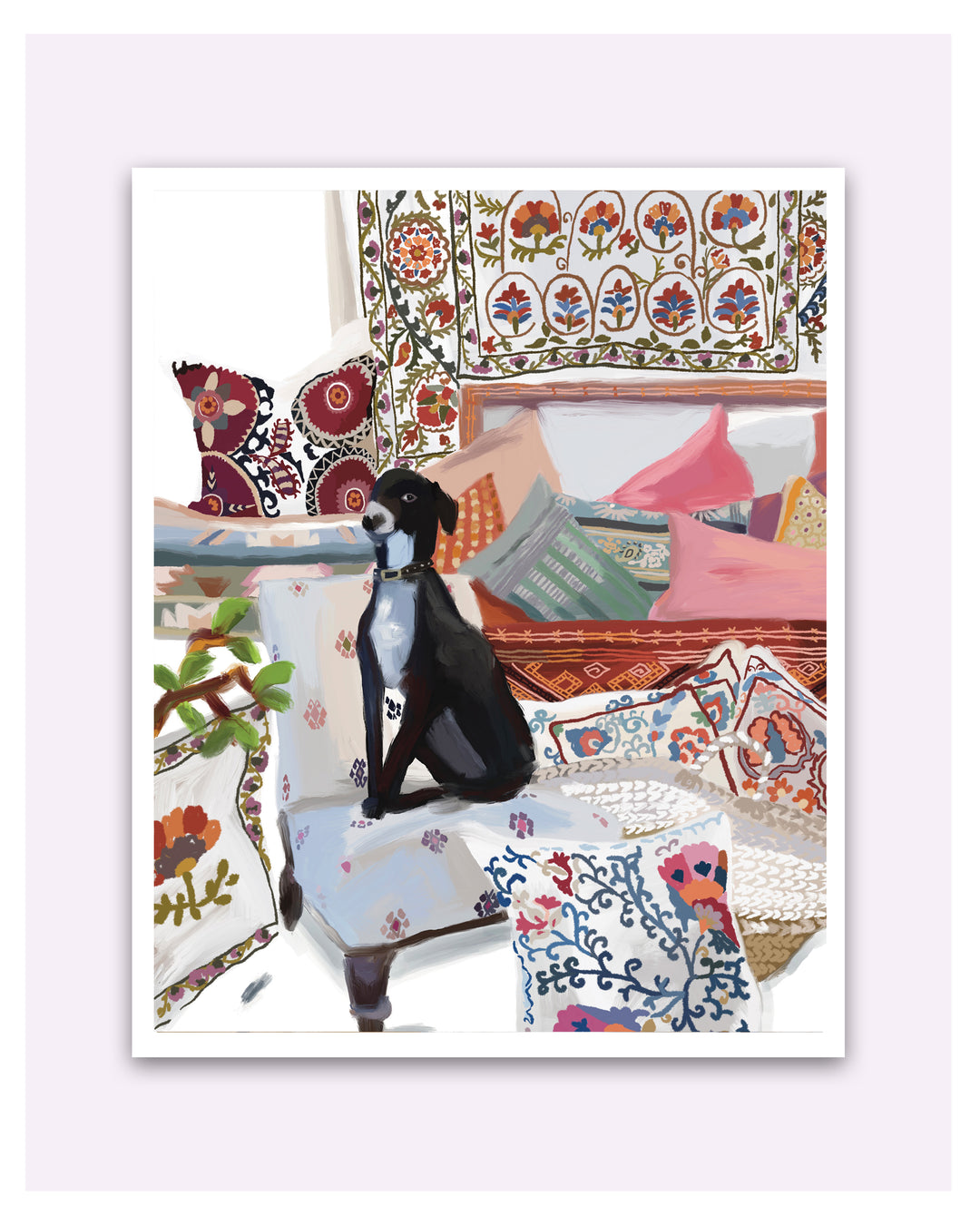 A framed art print featuring a whimsical illustration of a black and white dog sitting amidst colorful patterned cushions and textiles in a cozy room setting, presented on a light lavender background.