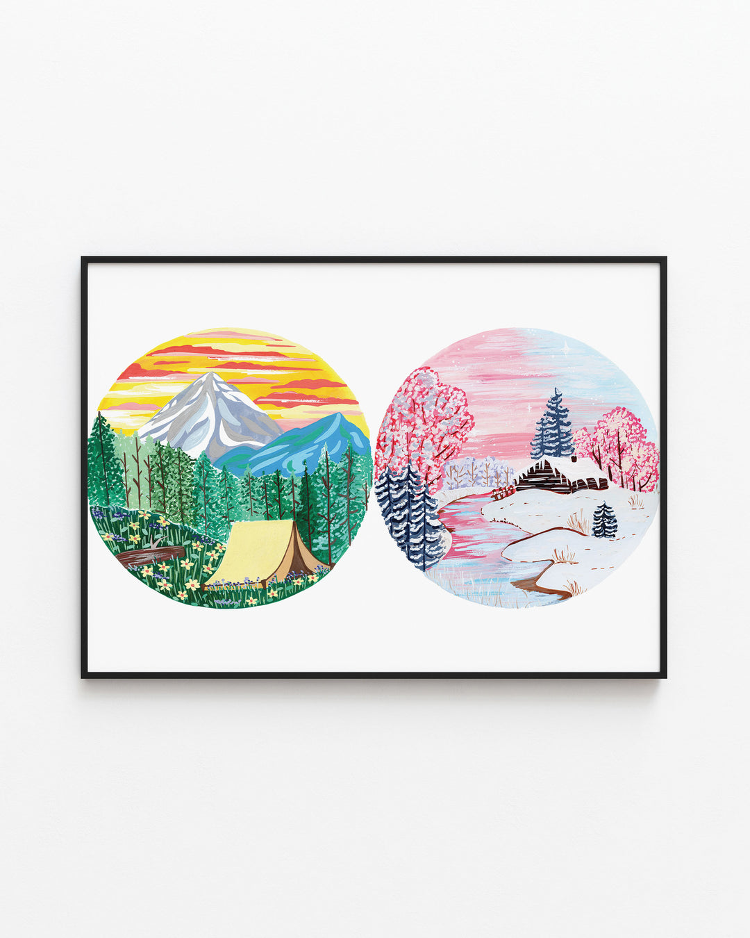 Black Framed two circular nature illustrations: one with a tent in a forest, the other depicting a snowy winter cabin, created by Little Berries Studio.